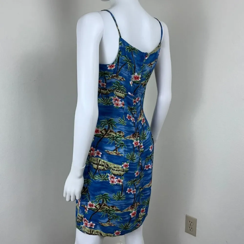 Vintage Women Size M Blue Floral Tropical Hawaiian Novelty Y2K Mini Slip Dress
